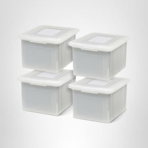 IRIS USA FILE BOX, PLASTIC FILE ORGANIZER WITH LIDS FOR LETTER/LEGAL FILE, PORTABLE DOCUMENT BOX FOR MOVING, STORAGE BIN WITH DURABLE AND SECURE LID, STACKABLE NESTABLE BPA-FREE, PEARL 35 QT. 4 PACK