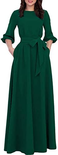 AOOKSMERY Women Elegance Audrey Hepburn Style Round Neck 3/4 Puff Sleeve  Swing Maxi Dress Long Belt Dresses with Pockets (Olive, Medium) price in  Saudi Arabia | Amazon Saudi Arabia | kanbkam