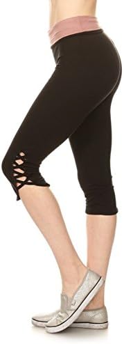 The Clothing Shop Women's Crisscross Cutout Foldover Waistband Capri Yoga Pants (Plus Size Available) Black/Mauve