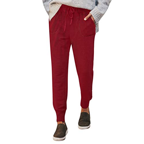 WUAI-Women Pants Capri Casual Cropped Trousers Elastic Waist Paper Bag Pants with Pockets (Wine,XX-Large)