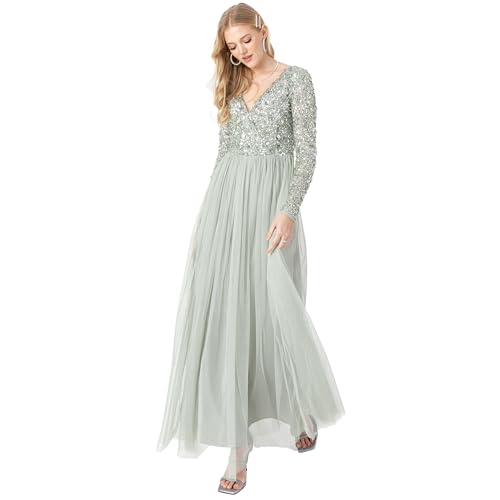 Maya Deluxe Damen Ladies Maxi Dress for Women with Long Sleeves V Neckline Plunging Sequin Embellished for Wedding Guest Bridesmaid Prom Kleid, Green Lily,