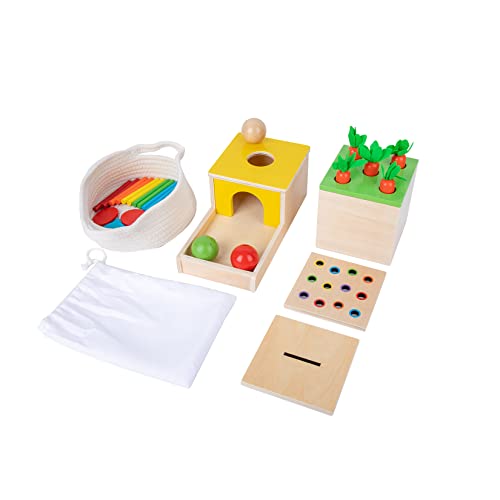Adena Montessori 4 in 1 Wooden Play Kit Baby Toys,Object Permanence Box,Matchstick Color Drop Game,Carrot Harvest and Coin Box,Ball Drop Toy for Kid 1,2,3 Year Old,Girl Boy Gift for Baby 6-12 Month