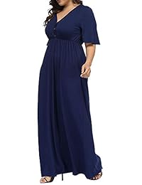 Allegrace Vestido largo de playa con mangas acampanadas y botones en el cuello en V, talla grande, para mujer