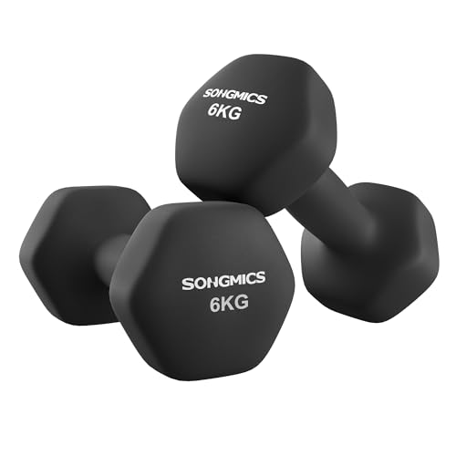 Haltères, lot de 2, 2 x 6 kg, hexagonales, revêtement néoprène, musculation, entraînement, fitness, pour la maison, noir encre SYL160B01