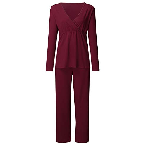 Maternity Nursing Pajama Set,Crytech Soft Comfy Solid Long Sleeve V Neck Wrap T-Shirt Top for Breastfeeding Casual Loose Striped Pants Sleepwear Nightgown Pjs Set for Preganct Women (X-Large, Wine)
