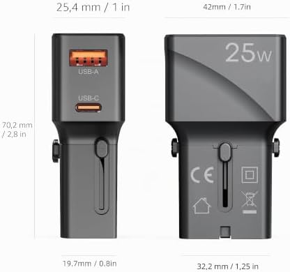 - Adattatore da Viaggio Universale 25W, con porte USB-C e USB-A, Compatibile con 150+ Paesi, Caricatore Slim Portatile per Smartphone e Tablet — foto 8 di 8