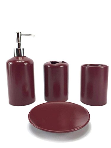 WPM 4 Piece Ceramic Bath Accessory Set | Includes Bathroom Designer Soap or Lotion Dispenser w/ Toothbrush Holder, Tumbler, Soap Dish Choose from Purple, Black, Brown, Navy or Burgundy (Burgundy)
