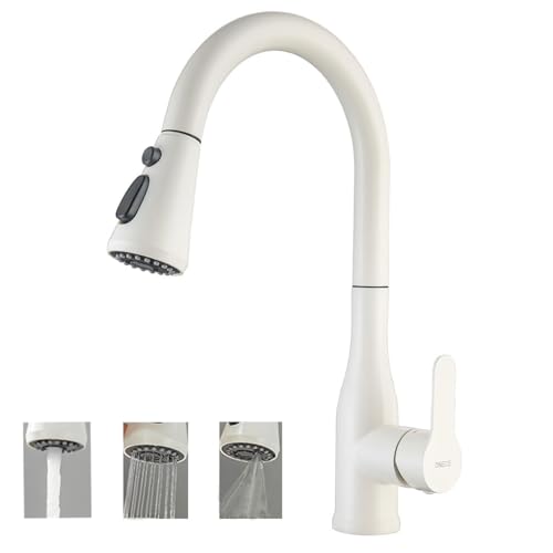 ONECE White Kitchen Tap with Pull-Out Shower Head 3 Modes, Single Lever Sink Mixer Tap 360° Rotating, Extendable Taps, 304 Stainless Steel, Removable Aerator