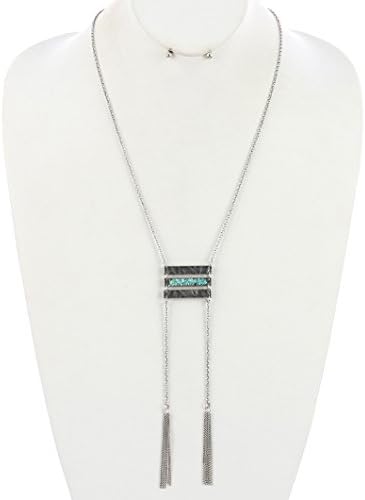 Turquoise double chain tassel triple metal bar necklace and earring set Fashion Jewelry FancyCharm