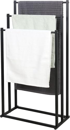 BSJIASHIWEI 3-Tier Black Metal Towel Rack Chrome High Industrial Modern Freestanding Towel Rack Bathroom Accessory Organizer for Bathroom Storage and Towels, Towels, By Tub or Shower
