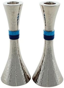 Art Judaica Modern Hammered Aluminum Candlesticks for Shabbat and Holidays (Silver with Turquoise Band, 9 1/2")