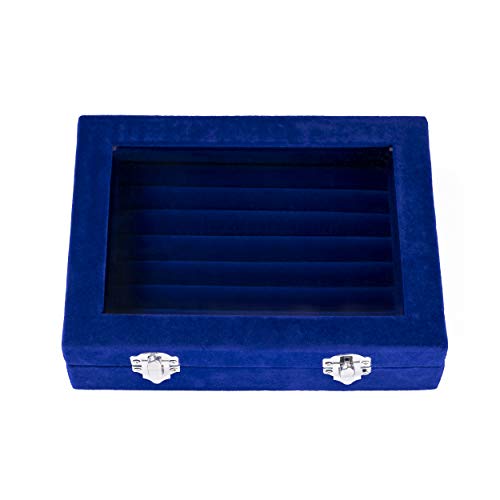 Hivory Ring Earrings & Studs Organizer Jewelry Box for Teen Girls ~7 Rows to hold Rings Earrings & Studs ~ Display Ring & Earring Box ~ Jewelry Storage & Display Box For Dressing Room or Travel (Blue)