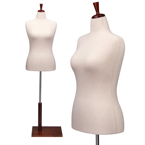 VINGLI Female Dress Form, Mannequin Torso Body with Adjustable Wood Stand for Dress Display Clothes Design, Pinnable Manikin (White, 10-12)