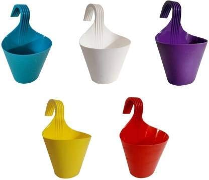 EOAN Flower Pot Hanging & Plastic Plant Holder (Set of 5) l Railing Plant Pot Container (Multi-Color, External Height - 60 cm)