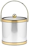 Kraftware Mylar Brushed Chrome and Brass 3-Quart Ice Bucket with Bale Handle, Bands and Metal Cover