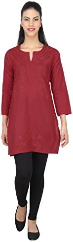 Indian Ethnic Kurta Kurti Chikan Embroidery Cotton Blouse ( Red) (44)