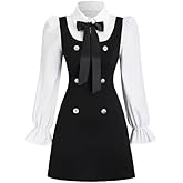 Women Short Dresses 2 In 1 Colorblock Turndown Collar Lantern Sleeve Black Suit Cute Dress