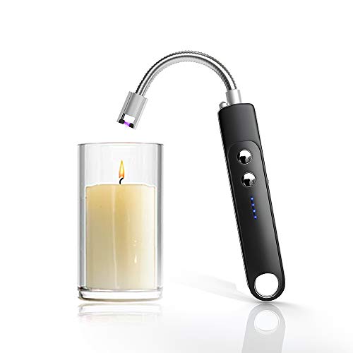 Candle Lighter, 360° Flexible Arc Long Lighter with LED Flashlight, USB Rechargeable Plasma Lighter, Wind-Proof BBQ Lighter for Camping, Cooking, Fireworks (Candle Not Included)