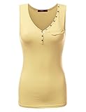 Doublju Women Sleeveless Soft Fabric Unique Oneside Button Henley Tank Top