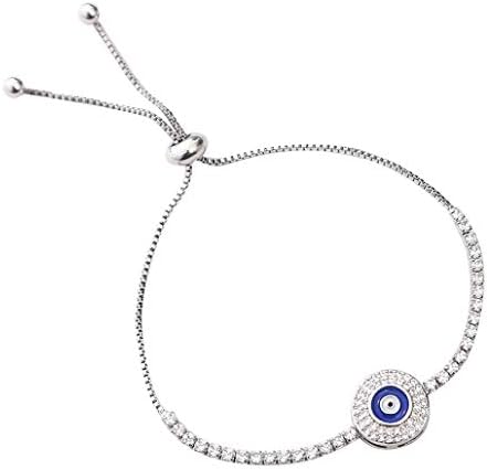 SAKAIPA Adjustable Sparkling Cubic Zirconia Cute Slider Tennis Silver Plated Expandable Lucky Blue Evil Eye Bracelet Women Girls Jewelry