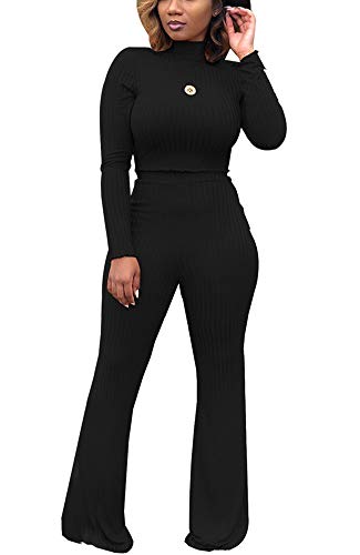 Sexy Two Piece Outfits for Women - Slim Long Sleeve Crop Top + High Waist Wide Leg Pants Jumpsuits Small Black