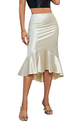 ALCEA ROSEA WOMENS SATIN HIGH WAISTED SILK A-LINE WEDDING ELEGANT ELASTIC MIDI SKIRT(GOLD CHAMPAGNE,XXXL)