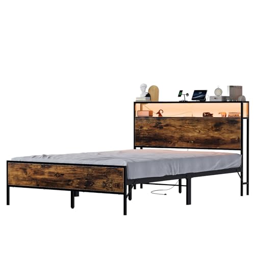 Simple Wisdom Cama Matrimonial 1.4 M con Base y Cabecero de Almacenamiento, 2 Salidas de Carga y 2 Puertos USB y Luces LED (Retro)