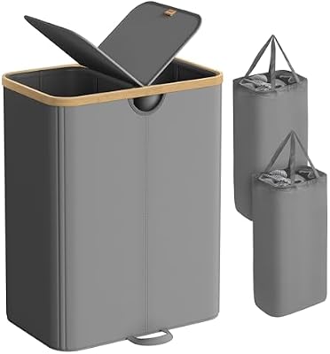 Cesto Ropa Sucia de 2 Compartimentos, Cesta de Colada, 150 L, Clasificador con Tapa, Bolsas de Ropa Extraíbles, para Lavadero, Dormitorio, Salón, Gris Pizarra y Beige Natural LCB523G01