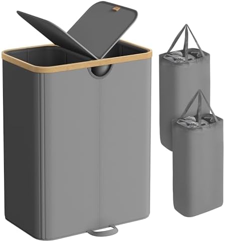 Cesto Ropa Sucia de 2 Compartimentos, Cesta de Colada, 150 L, Clasificador con Tapa, Bolsas de Ropa Extraíbles, para Lavadero, Dormitorio, Salón, Gris Pizarra y Beige Natural LCB523G01