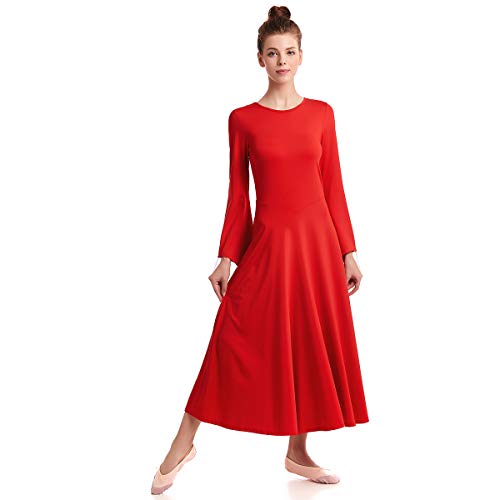 HIHCBF Adult Women Bell Sleeve Liturgical Praise Dress Solid Color Full Length Wide Swing Loose Fit Worship Dancewear Red XL - Thumbnail 2