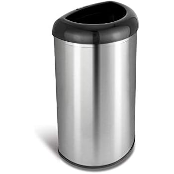 NINESTARS OTT-50-19BK Open Top Office Bathroom Trash Can, 13 Gal 50L, Stainless Steel Base (D Shape, Black Lid)