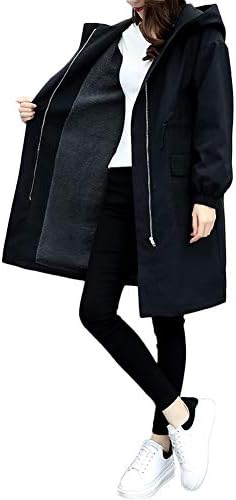 Lexiart Women’s Long Coat, Outerwear, Blouson Hoodie, Fleece-Lined, Hooded, Zip Up, Black, Stylish, Winter Clothing, Slimming, Loose