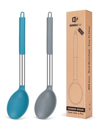 Pack of 2 Large Silicone Cooking Spoon Non Stick Solid Basting Spoons Heat-Resistant Kitchen Utensils for Mixing Serving (Gray-Blue)
