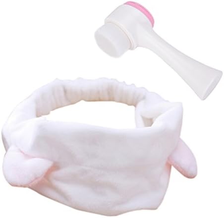 AiQueen 1 Pc White Cat Ears Hair Band &amp; 1 Pc Silicone + Microfiber Double Hair Face Brush Manual Facial Cleansing Brushes