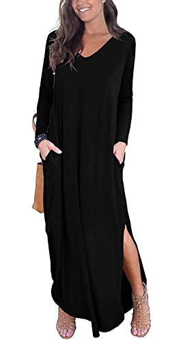 Kyerivs Women's Casual Long Sleeve Maxi Dress Petite Split Dresses with Pocket L-Black S (US 6)