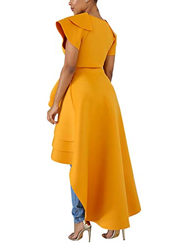 womens ruffle high low asymmetrical short sleeve bodycon tops blouse shirt dress