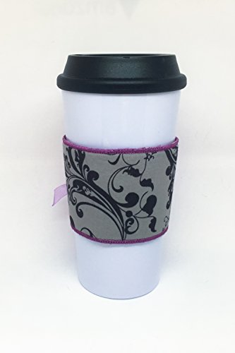 Embroidered Coffee Corset - Purple, Gray, and Black Reversible Fabric Coffee Cozy Cup Wrap Sleeve