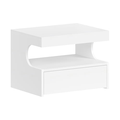 Hzuaneri Floating Bedside Table, U-Shaped Design, White | NS50103X Modern Hanging Shelf and 1 Drawer with Runners, Bedroom and Living Room, 30 x 40 x 29.2 cm
