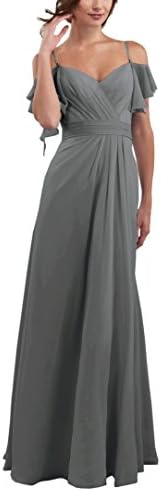 Doramei Women's Strap V-Neck Chiffon Pletaed Zipper Back A-Line Floor Length Special Occasion Formal Bridesmaid Dress Gray 20w