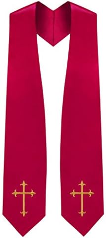 Unisex Traditional Choir Stole with Gold Cross - Red Color, Satin
