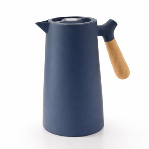 Garrafa Térmica 1 Litro para Café Mesa Posta Premium com Ampola de Vidro Conserva Bebidas Quentes por Mais Tempo Cabo Estilo Bambu Base Antiderrapante Azul Escuro HABITARA HOME