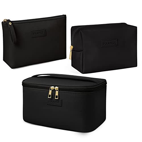 MAANGE Makeup Bag - Large Cosmetic Bag with 2pcs Small Makeup Bags Portable Leather Travel Makeup Bag Set Toiletry Bag Make Up Bags for Women and Girls, Black, 10.3''*7.1''*4.8'', Makeup Bag Set