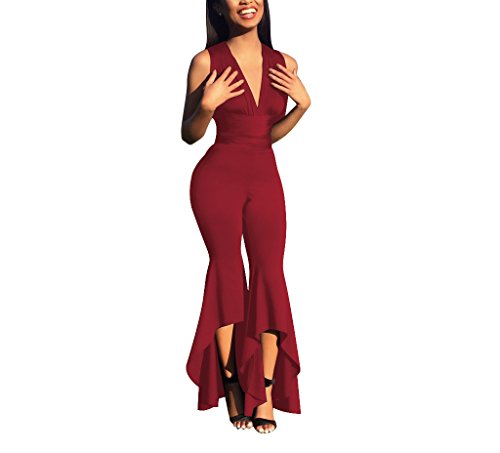 Womens Backless Jumpsuit Clubwear Bell Bottom Pants High Waist Jumpsuit Romper Red M