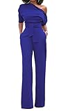 Nulibenna Womens Solid Off Shoulder Short Sleeve Jumpsuit Long Pants Party Romper Belted