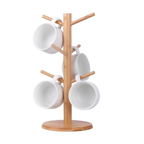FOSFUKEERCoffee Mug Holder, Black Bamboo Mug Tree with Thicker Base, Coffee Cup Stand, Cup Holder for Counter, Coffee Mug Rack Organizer with 6 Hooks (Bamboo Color)