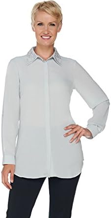 Joan Rivers Silky Blouse Embellished Collar A284162, Dove, 1X