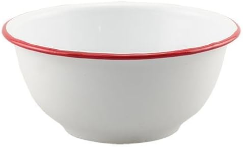 Vintage Style Set of 6 Enamel Cereal Bowls. White w/Vibrant Red Trim.