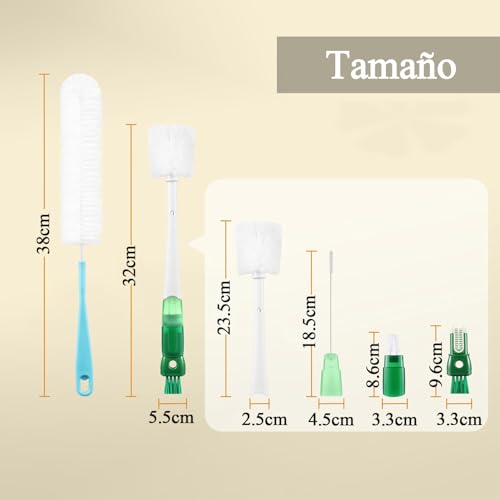 WINCHEERS Kit de 5 Cepillos Limpiabotellas 5 en 1 - Cepillo para Botellas con Mango Largo - Incluye 3 Cepillos para Pajillas, Cepillo para Tetinas Extraíble y Cepillo Detallador para Ranuras de Tapas