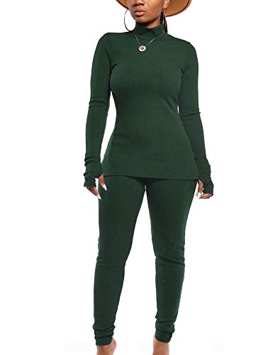 2 Piece Outfits for Women - Sexy Rib Knitted Long Sleeve Tops + Skinny Pants Tracksuit Set X-Large Dark Green