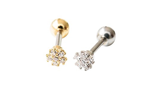 KHAN New 4mm silver 16g Body jewelry cartilage ear studs cute cool earring tragus helix barbell for women teens girls men Cz Snow Winter Snowflake flower Tragus helix earring Piercing-MF (Gold)